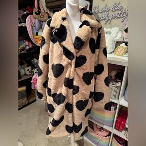 Stoosh Tan with Heart Print Faux Fur Coat